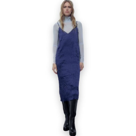 Zara Wrinkled Satin Effect Slip Dress V-Neck Midi Navy Blue US S - Picture 1 of 7